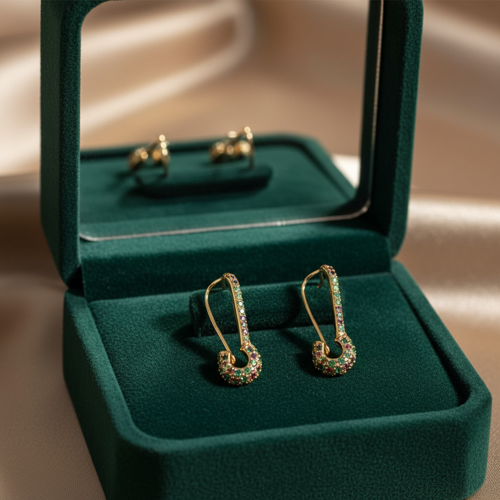Gold crystal hook earrings in luxury jewelry box with mirror