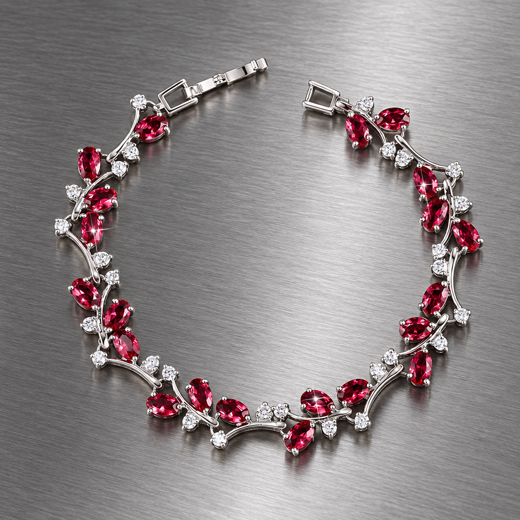 Silver-tone botanical bracelet with red marquise stones on brushed steel