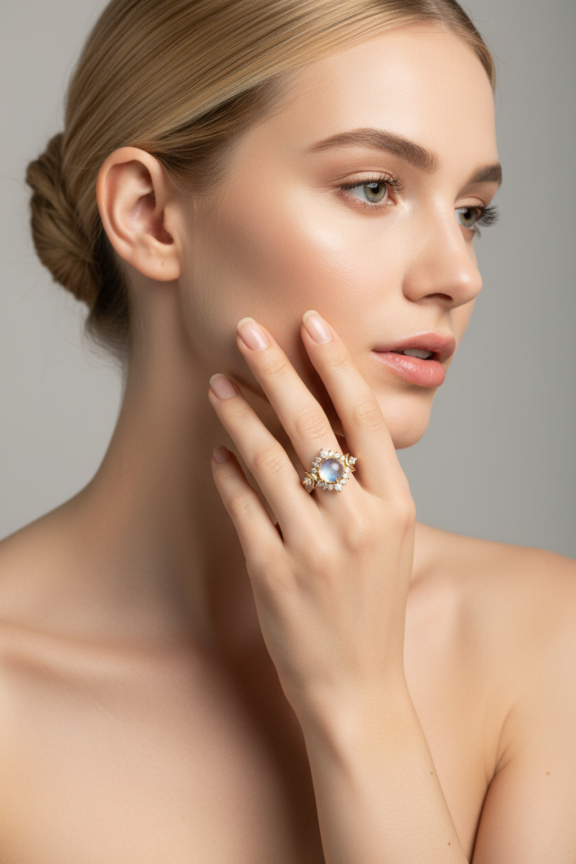 Modelo loira com coque e ombros nus usando o Moonstone Solitaire Ring