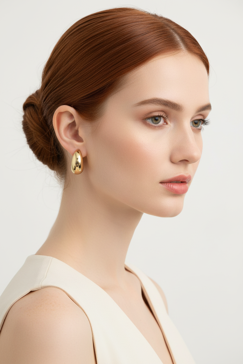 Redhead model with bun wearing chunky gold C-hoop earrings - three quarter view