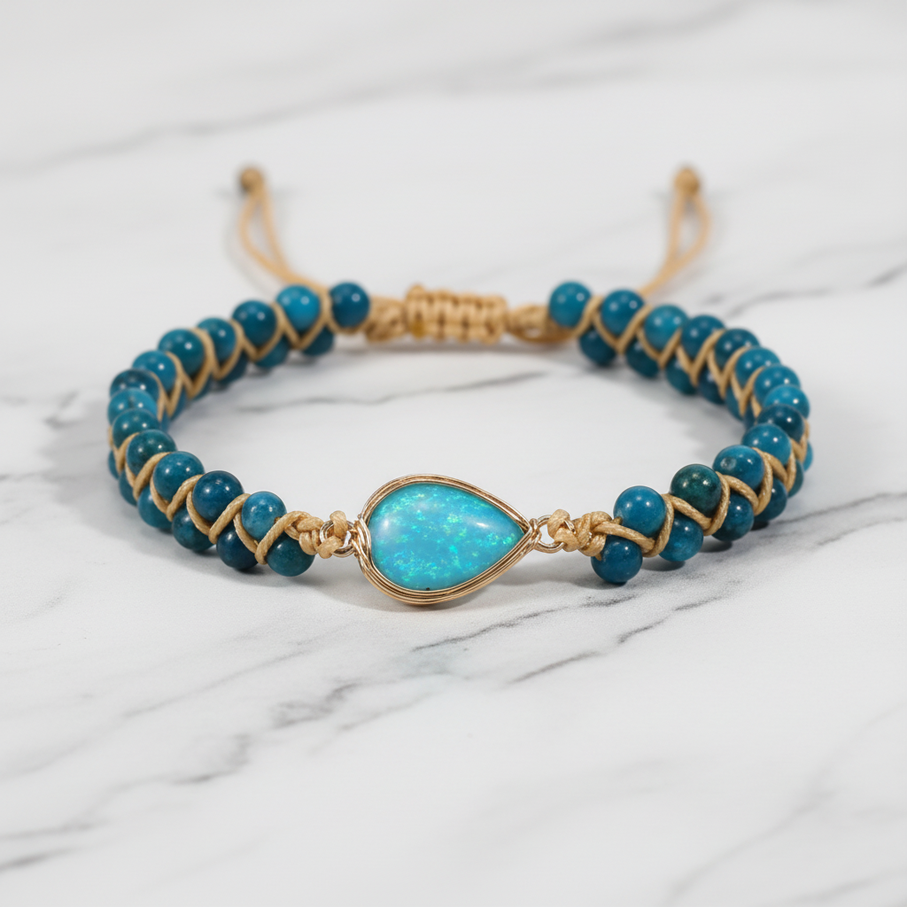 Teal blue natural stone bracelet on white marble surface