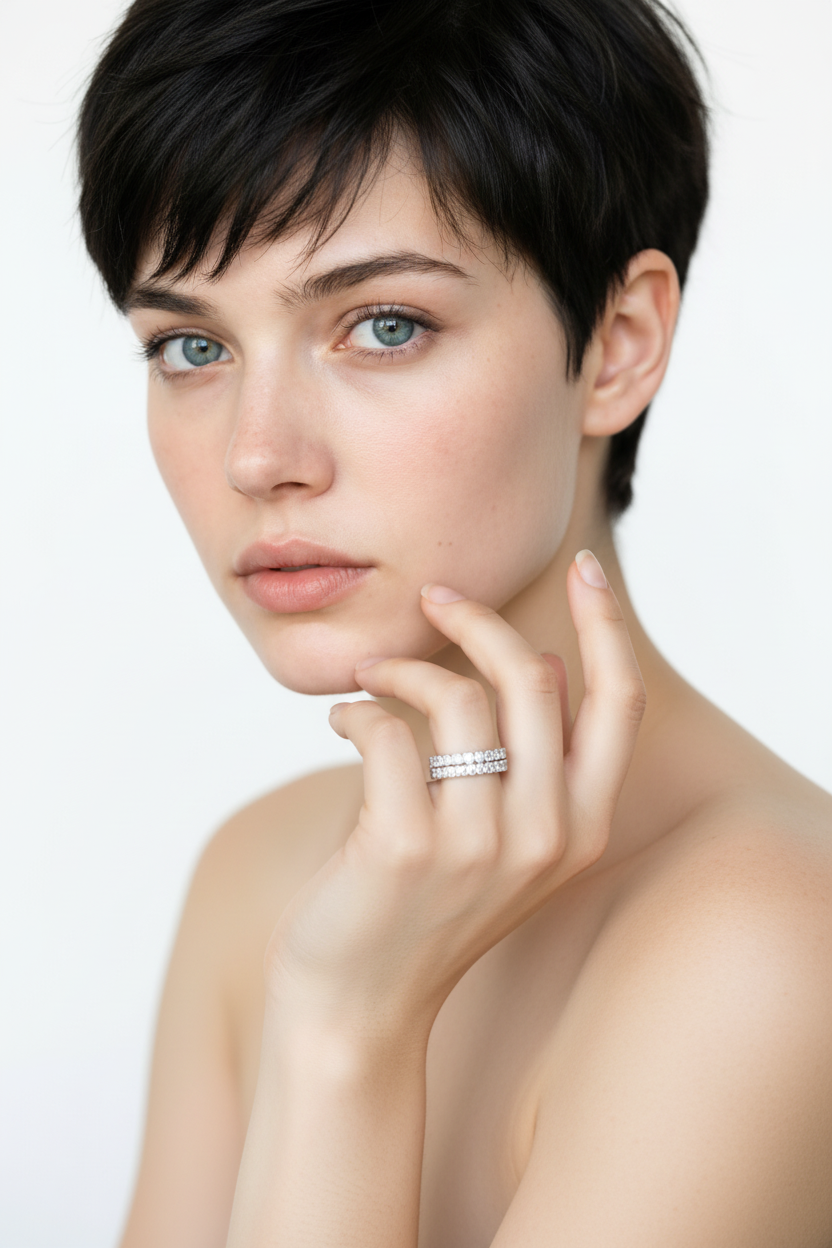 Woman with bare shoulders wearing moissanite sterling silver ring, ring in focus