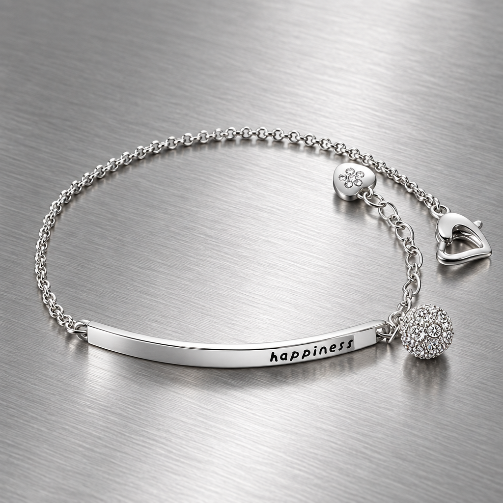 Silver-tone charm bracelet with cubic zirconia detail on brushed steel