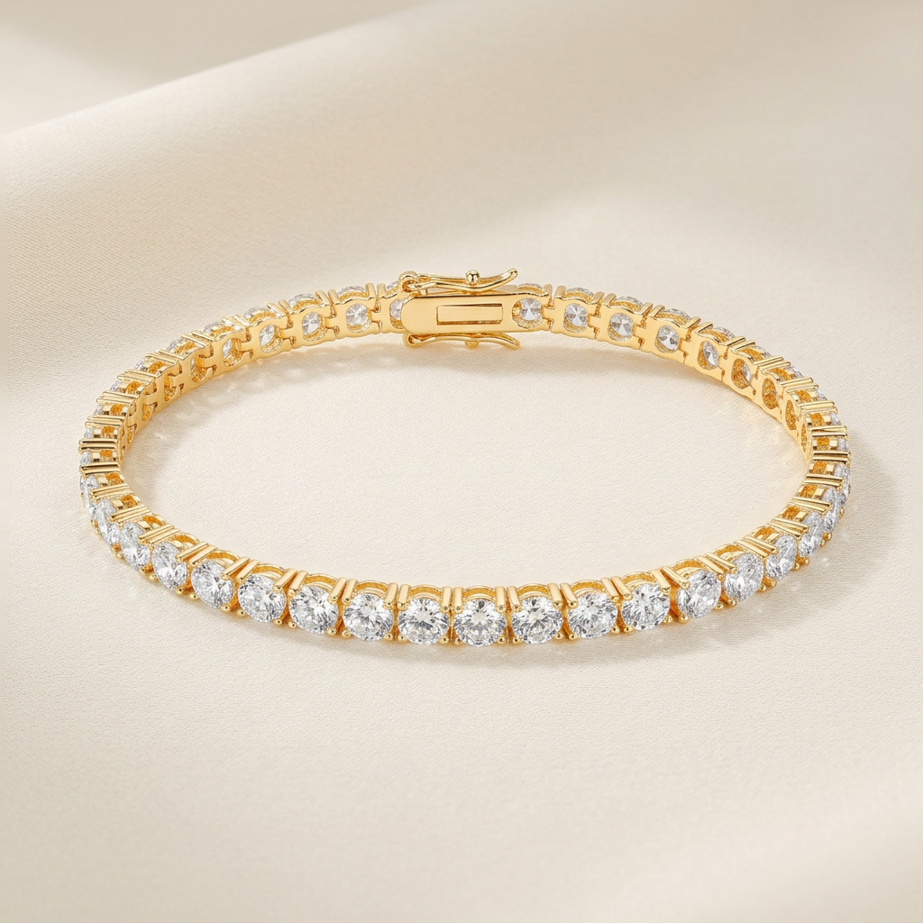 Gold-tone zircon tennis bracelet on a light background