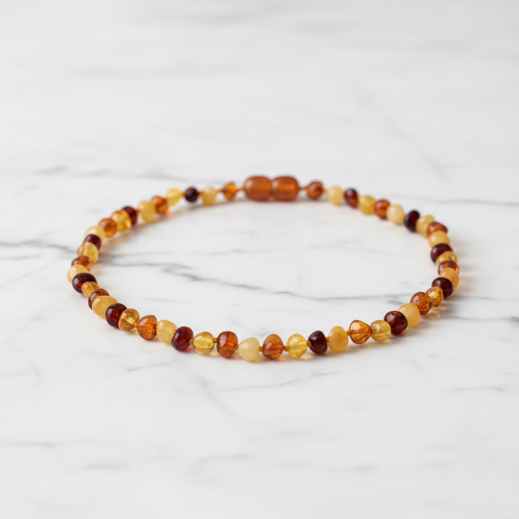 Natural amber bead necklace with multicolor beads arranged on white marble surface