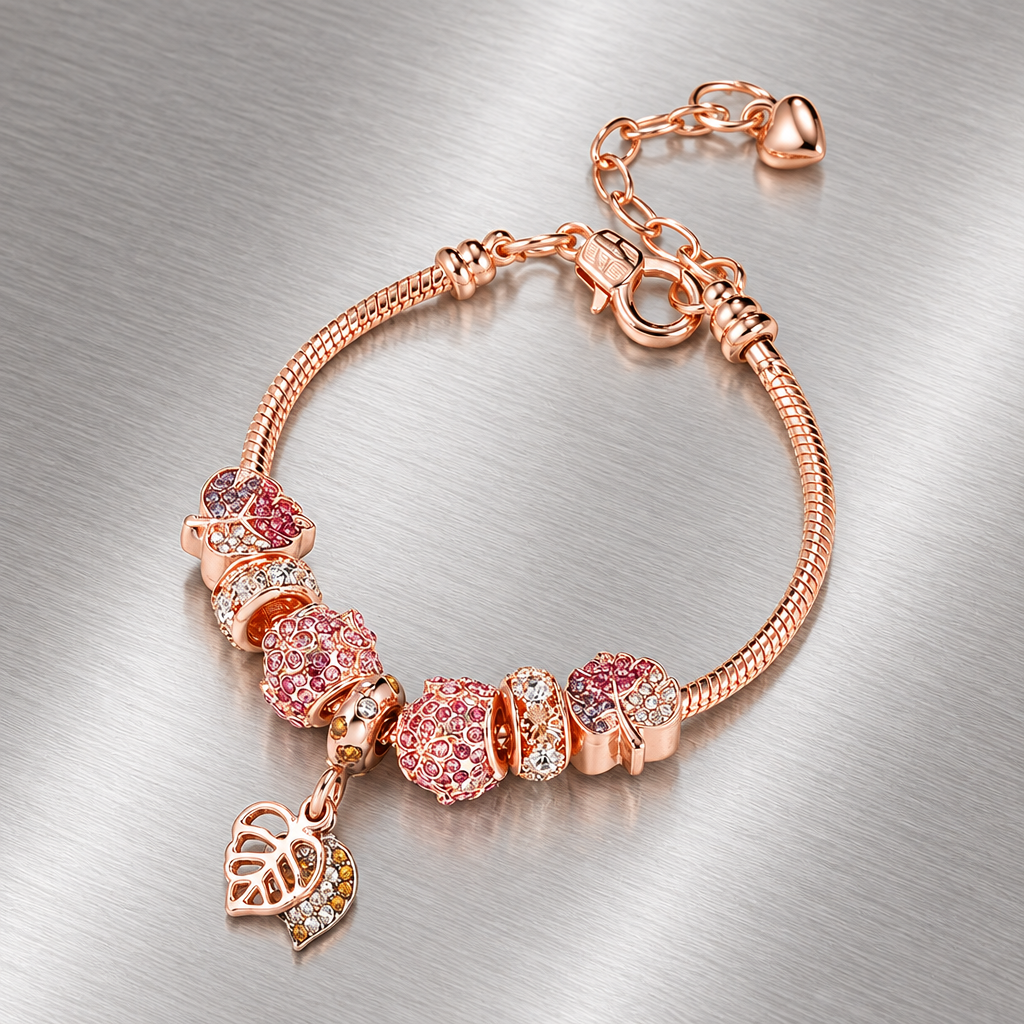 Fallen Leaf rose gold-tone charm bracelet with pink beads on brushed steel
