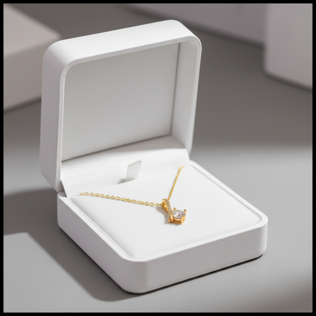 Gold zirconia pendant necklace in white satin jewelry box