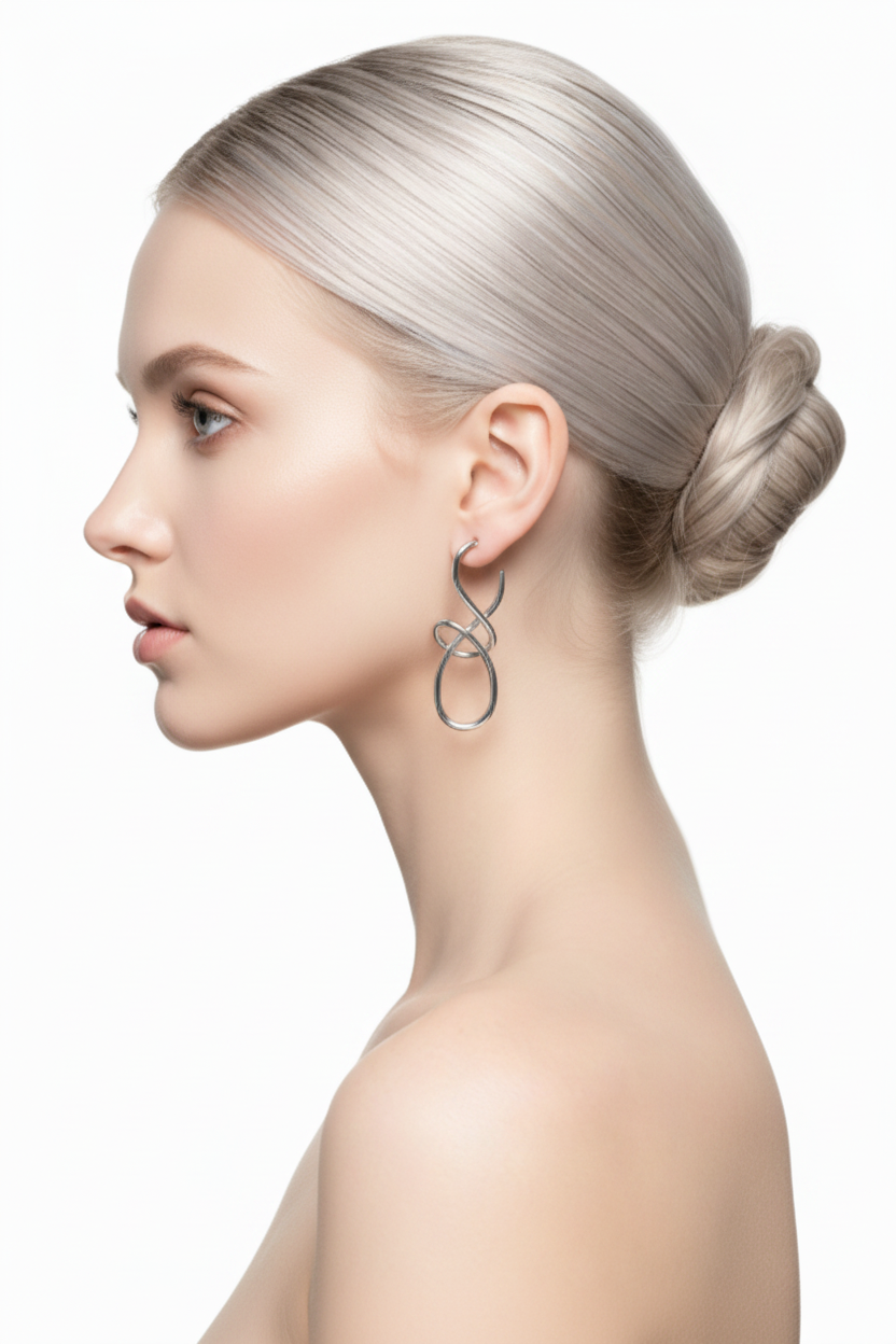 Woman left profile, ballerina bun, silver abstract twisted loop drop earring