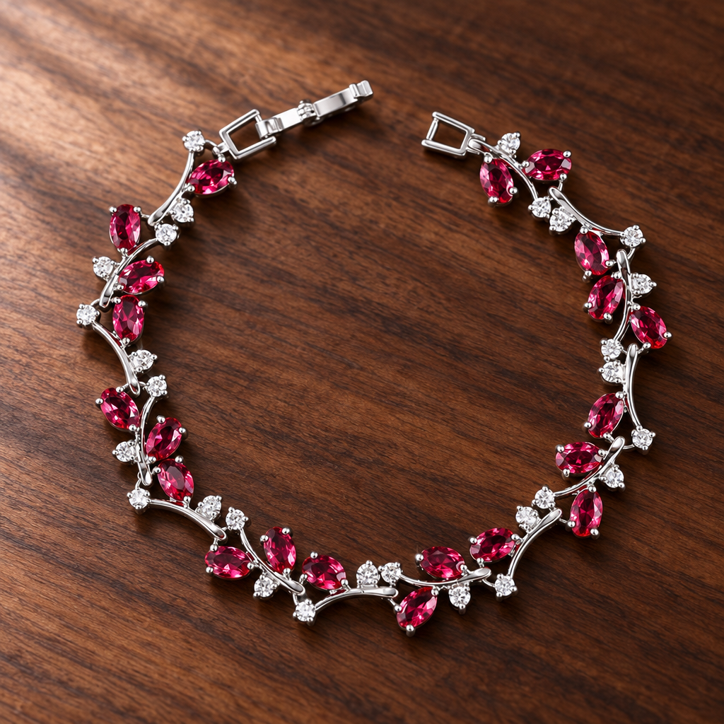 Silver-tone botanical bracelet with red marquise stones on a wooden table