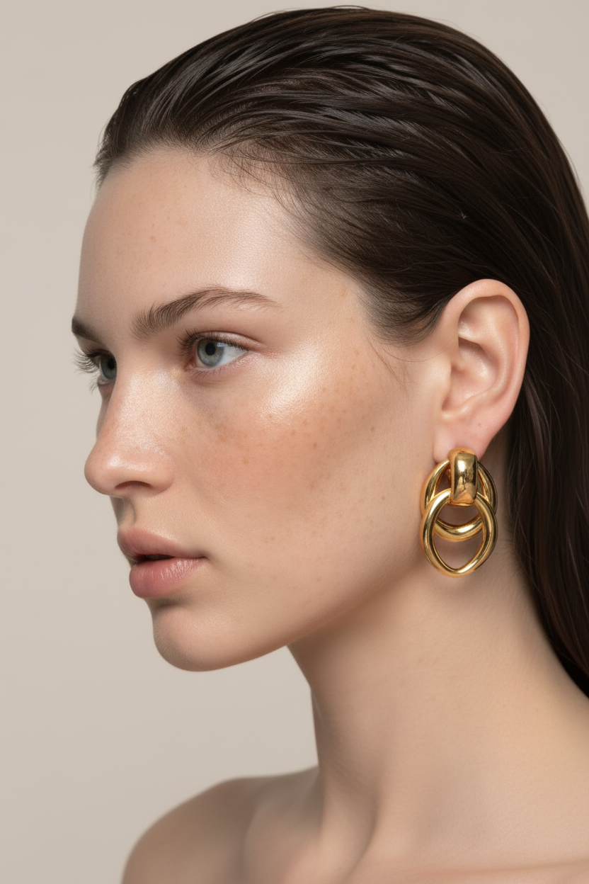 Model wearing Zoey Gold sculptural interlocked hoop earrings by Nexus Aureus