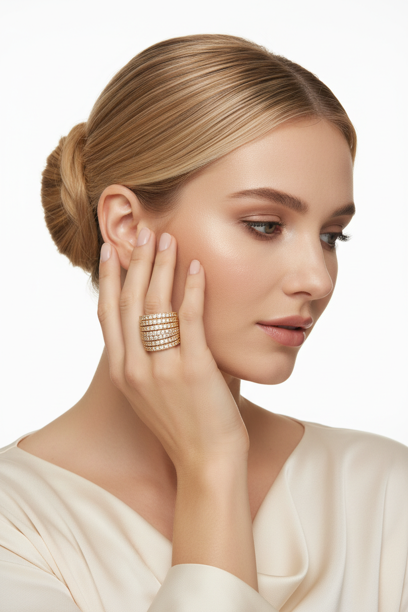 Modelo loira com coque mostrando o Five-Row Zircon Pavé Band Ring