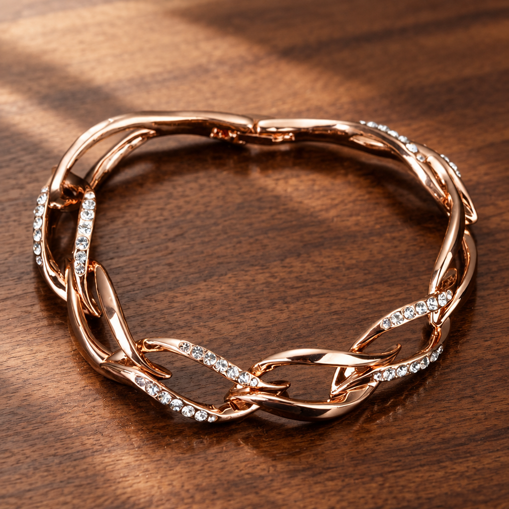 Rose gold-tone intertwined link bracelet with clear stone accents on a wooden table