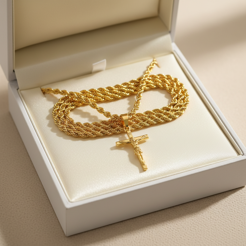Gold crucifix rope chain necklace in white satin jewelry box