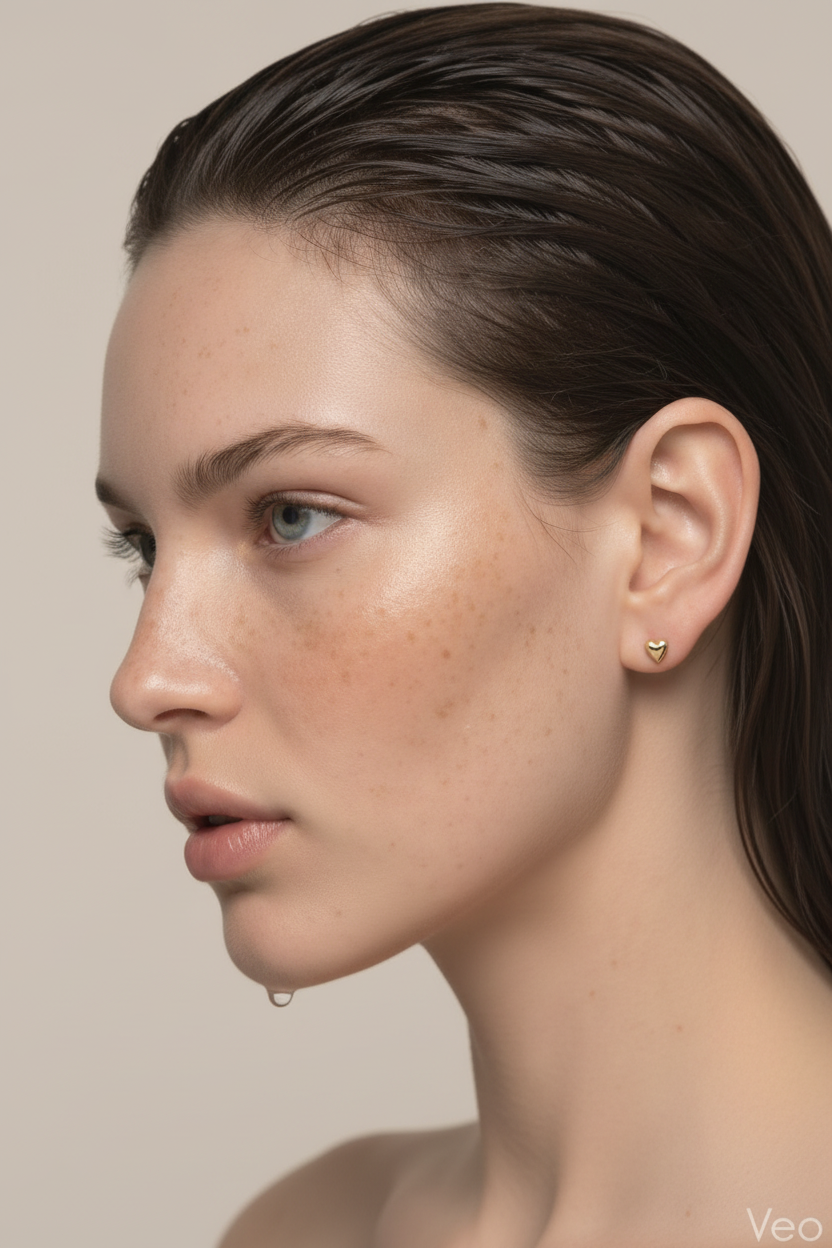 Model wearing delicate 18K gold heart stud earrings by Nexus Aureus