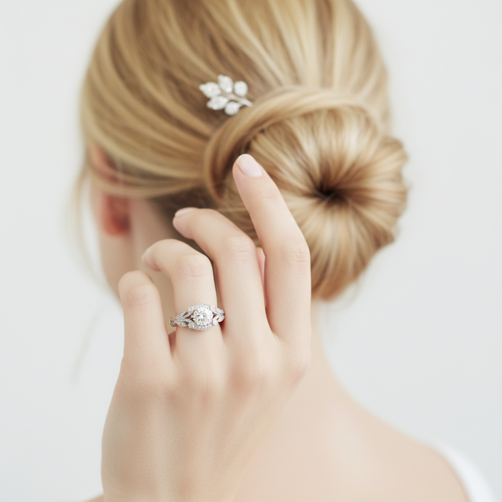 Modelo loira com coque usando o Tree Leaf Diamond Engagement Ring - close-up mão