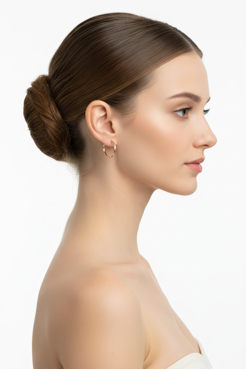 Light brown haired ballerina with bun wearing twisted rose gold half-hoop earrings, right side profile