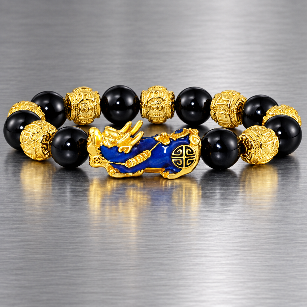 Black bead bracelet with blue and gold-tone Pixiu centerpiece on brushed steel