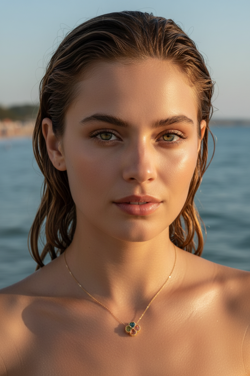 Model wearing Tourmaline Four-Leaf Clover Necklace – décolletage view