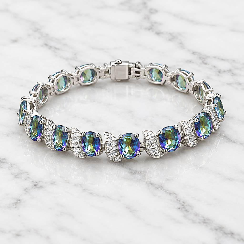 Silver-tone colourful accent bracelet on white marble