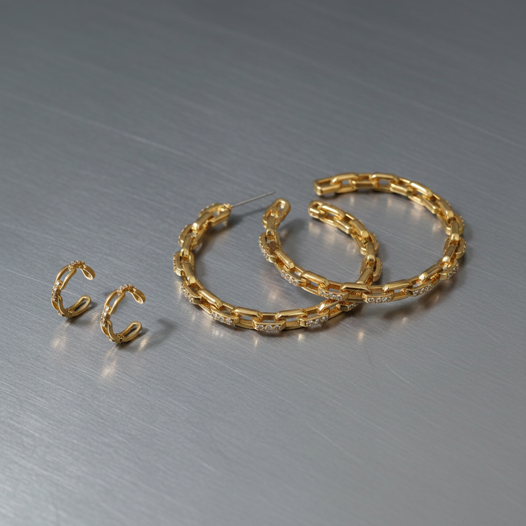 Gold chain link hoop earrings on brushed steel