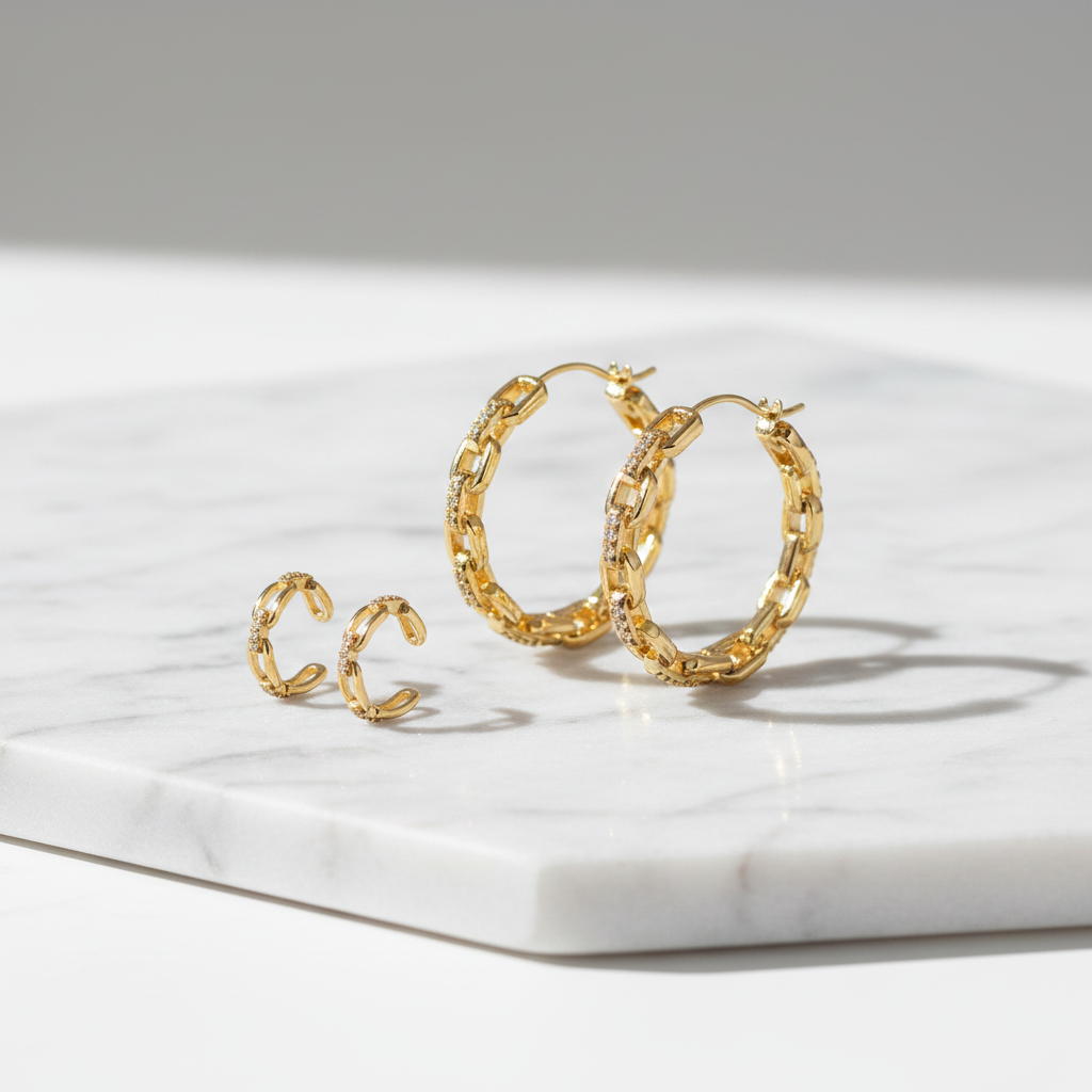 Gold chain link hoop earrings on white marble