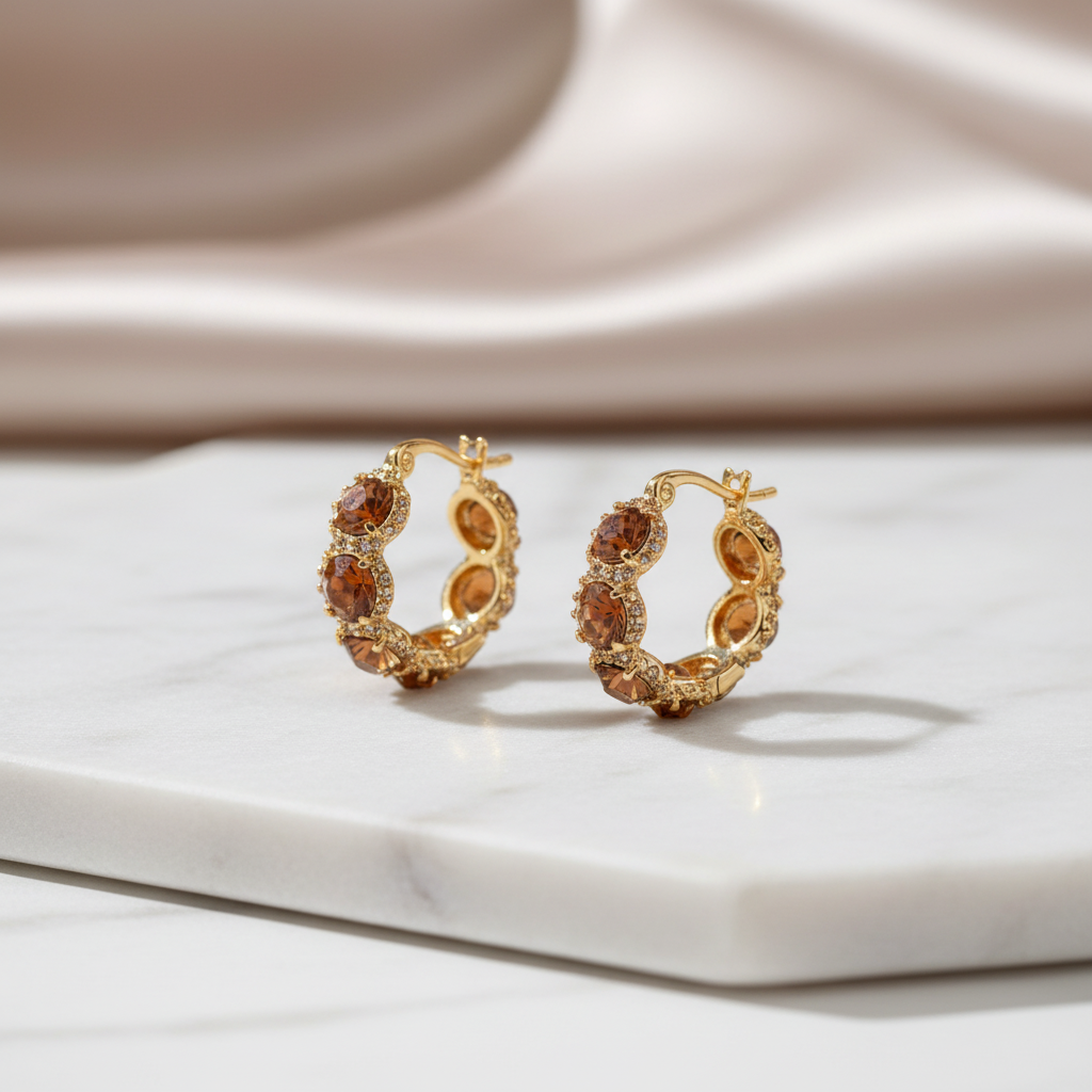 Coffee crystal hoop ear clips on white marble