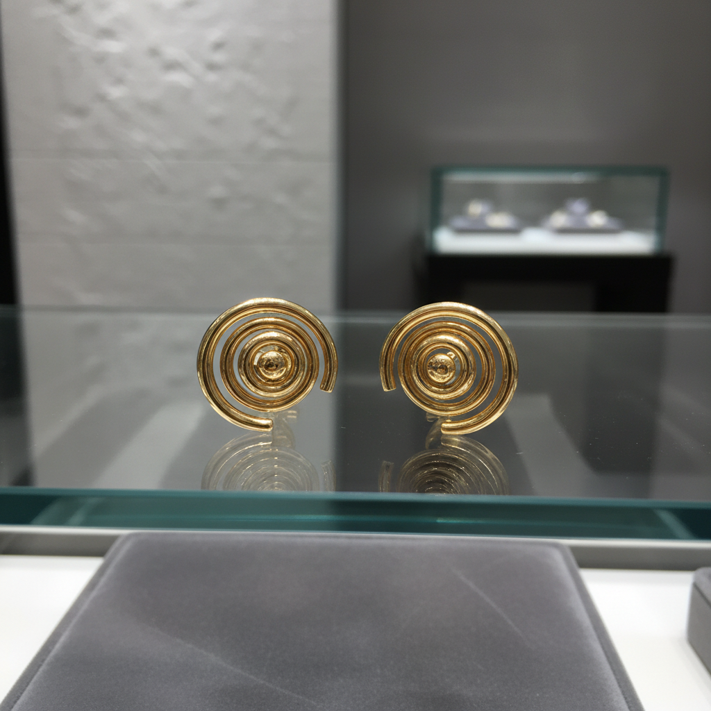 Gold geometric spiral swirl earrings on glass counter display