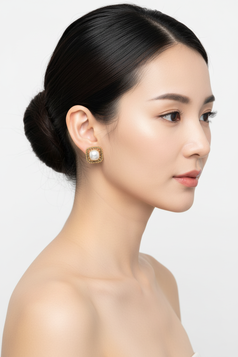 Japanese woman right profile, ballerina bun, retro antique gold square pearl stud earrings