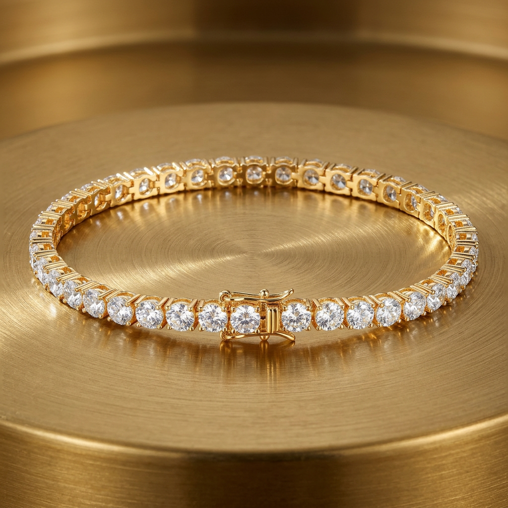 Gold-tone zircon tennis bracelet on a gold table