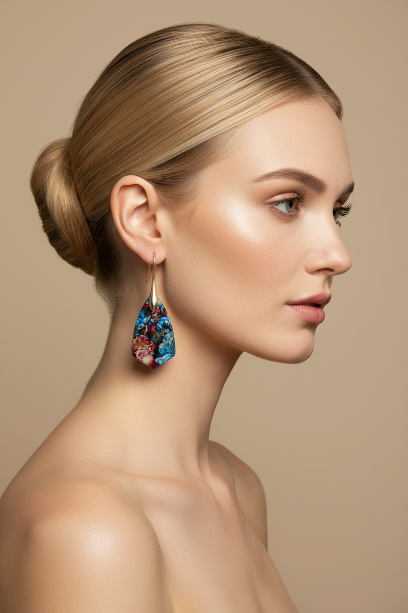 Blonde woman right profile, ballerina bun, multicolor Jasper drop earrings