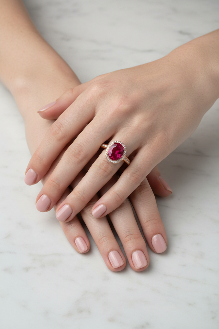 Modelo ruiva flat lay usando o Ruby Crystal Diamond Ring