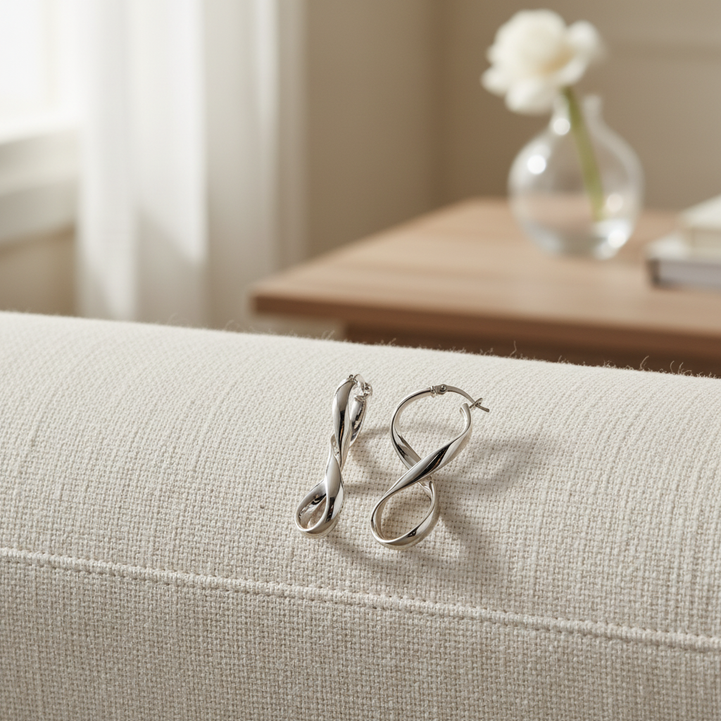 Silver infinity hoop earrings on white linen sofa