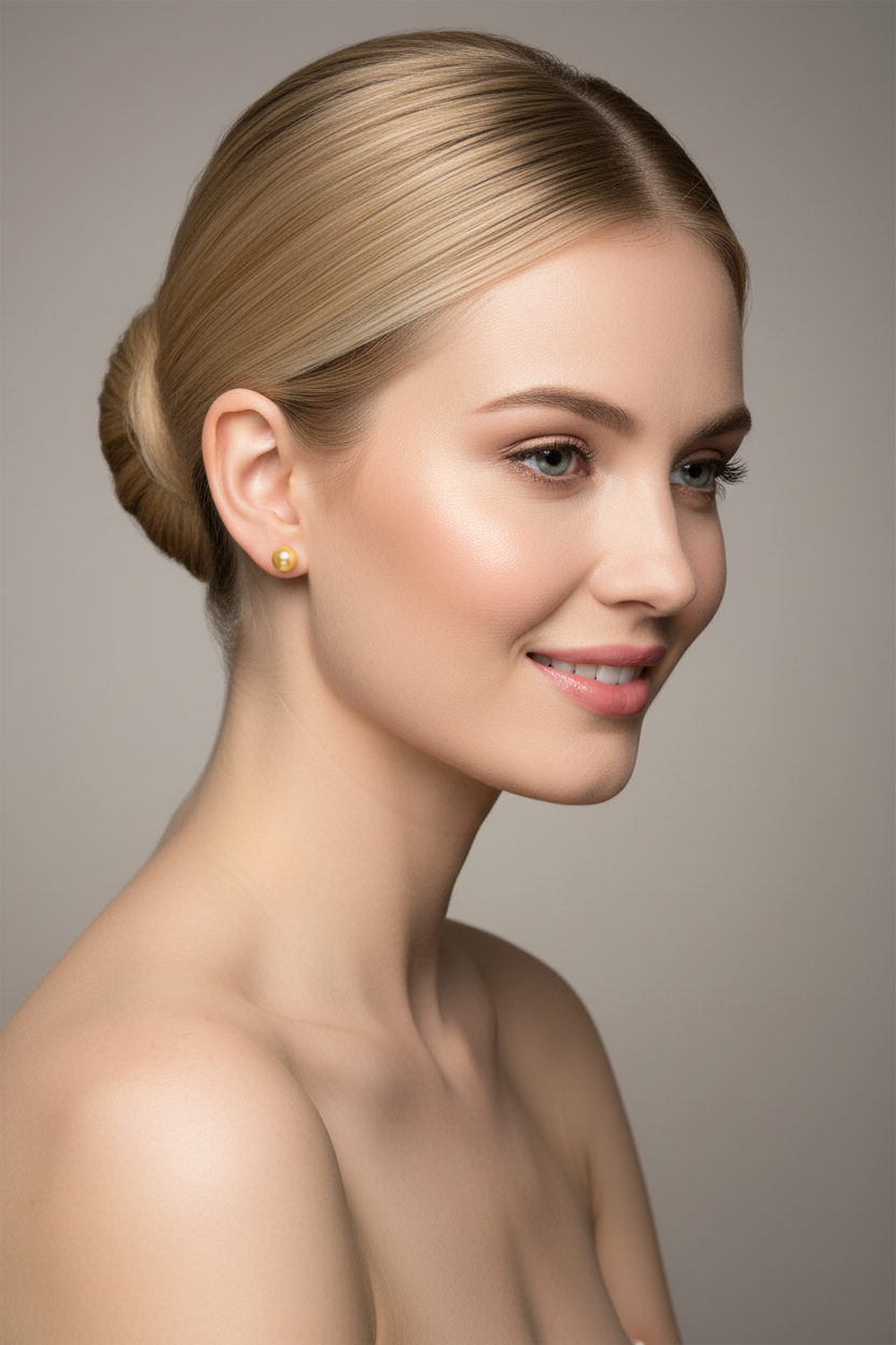 Blonde woman three-quarter view wearing 18K gold pearl stud earring with bare shoulders