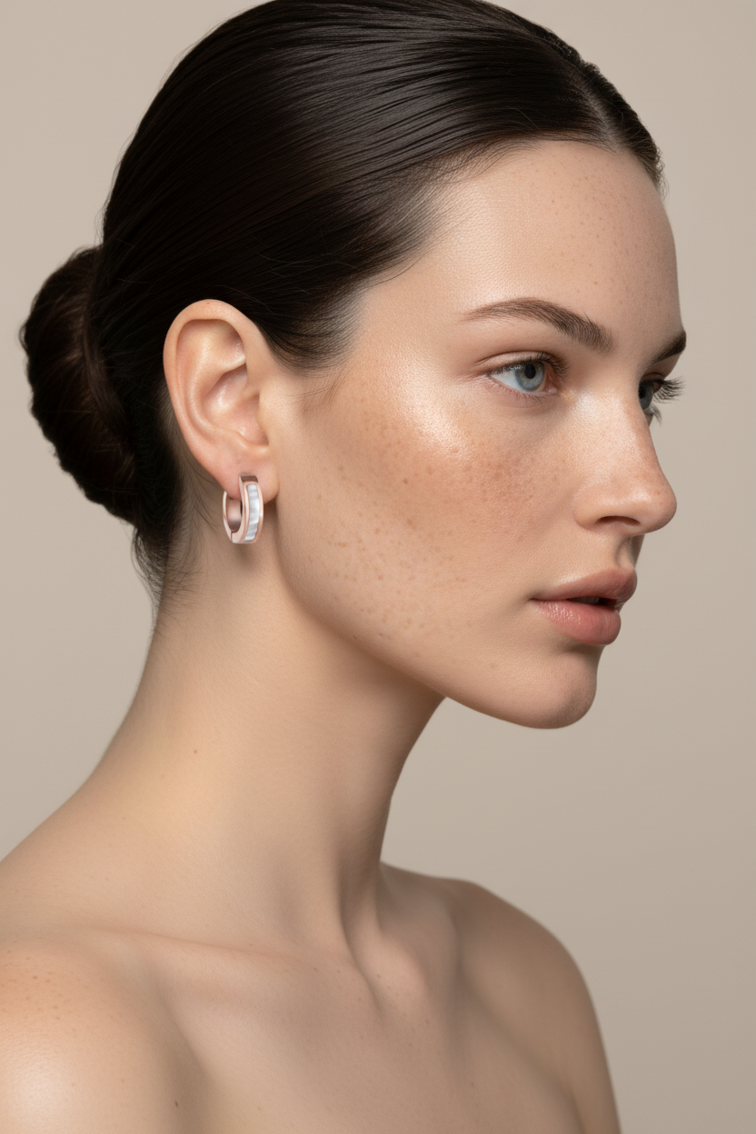 Woman right profile, ballerina bun, rose gold huggie hoop earring with mother of pearl inlay