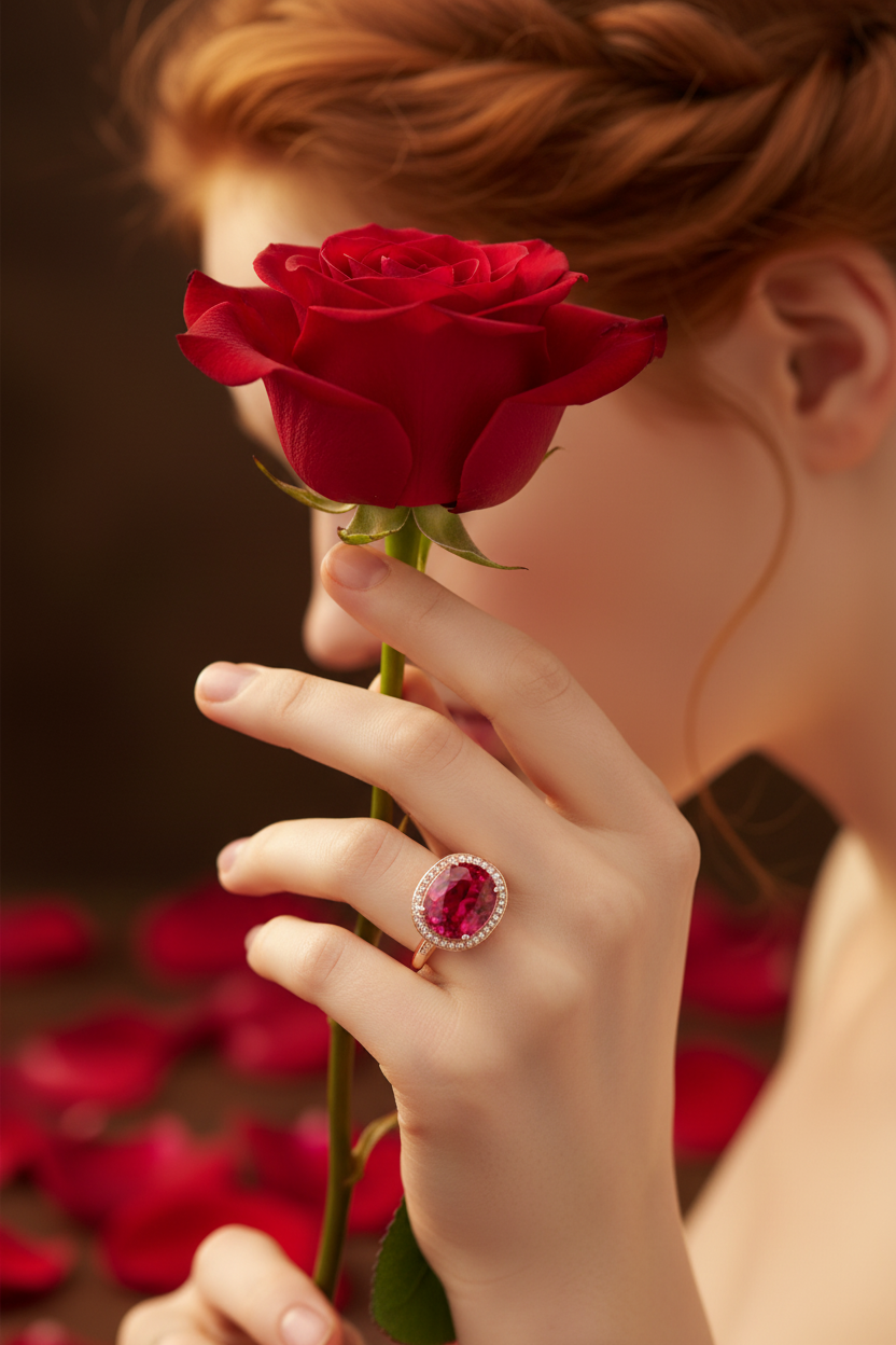 Modelo ruiva segurando rosa usando o Ruby Crystal Diamond Ring