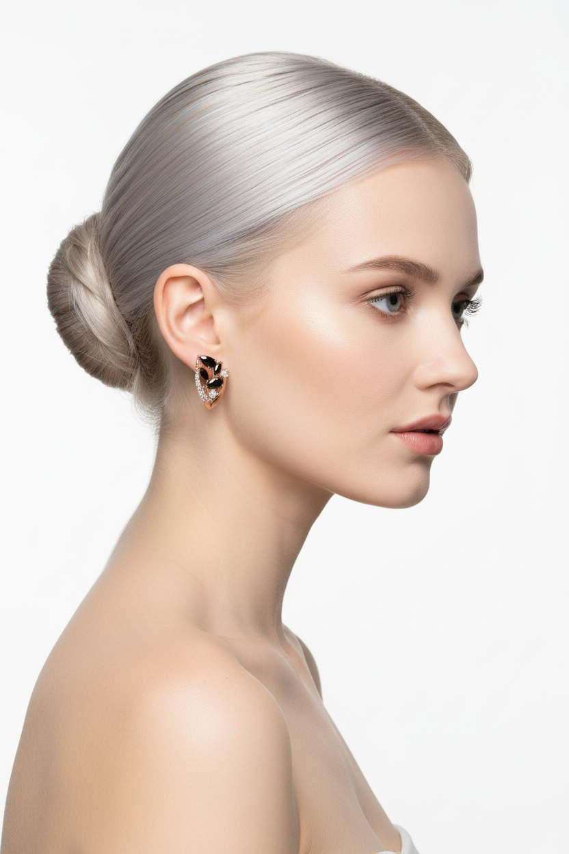 Nordic woman right profile, ballerina bun, rose gold black zircon flower hoop earrings
