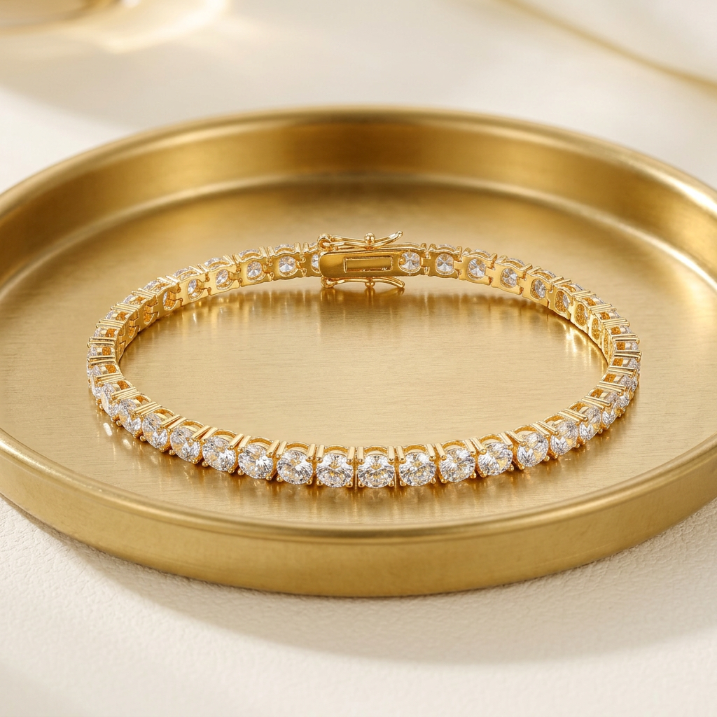 Gold-tone zircon tennis bracelet on a gold tray