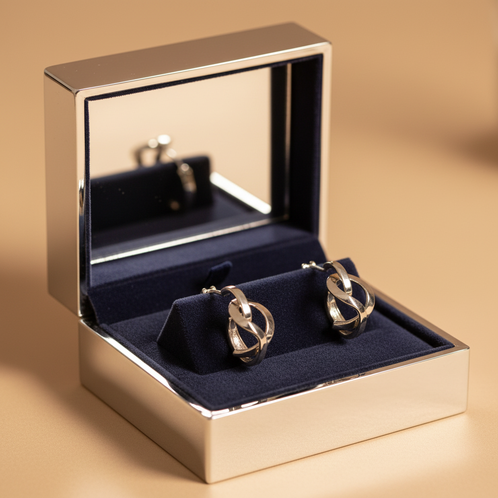 Silver geometric hoop earrings in luxury jewelry box with mirror