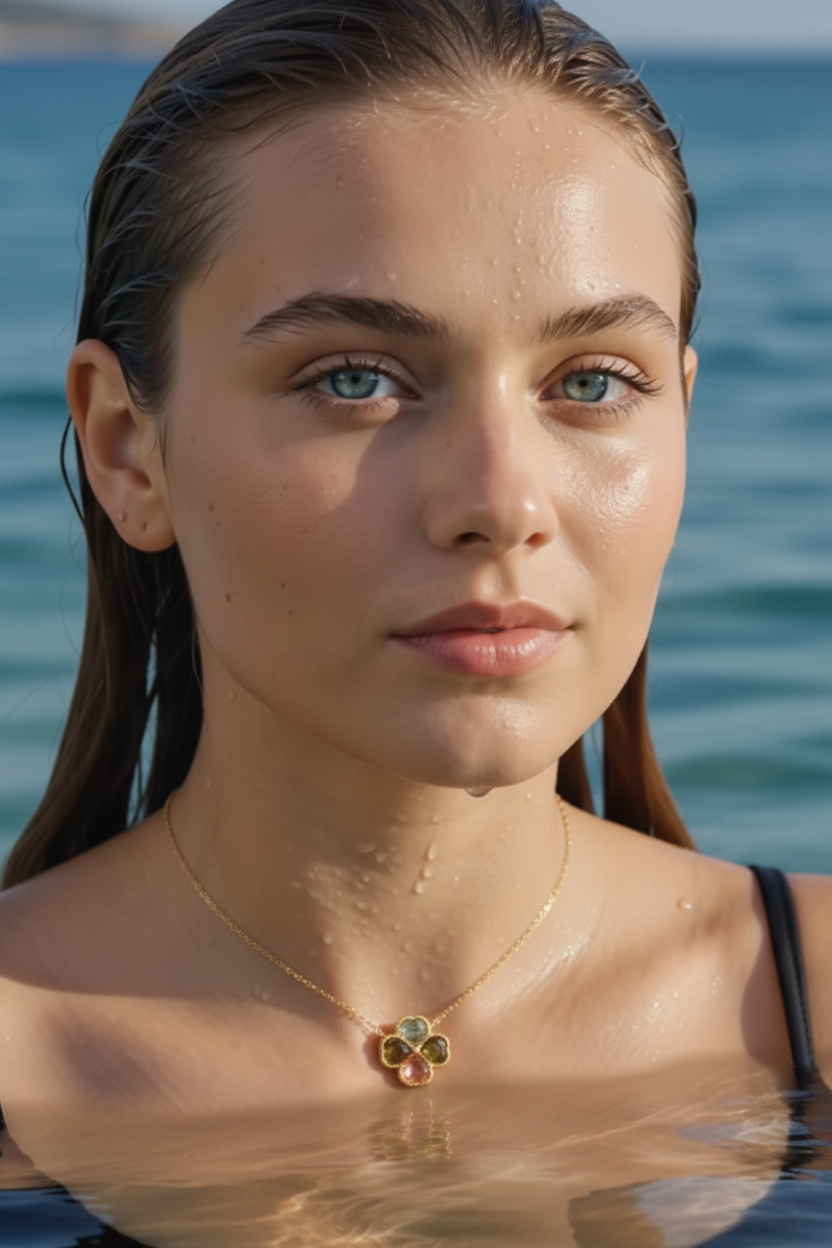 Model wearing Tourmaline Four-Leaf Clover Necklace – close-up portrait