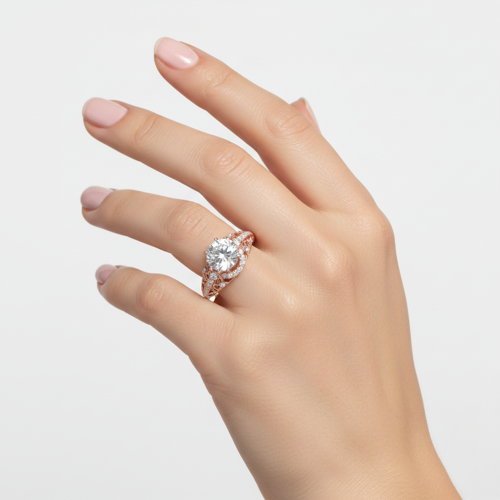 Modelo usando o 14K Rose Gold Micro-Set Diamond Ring