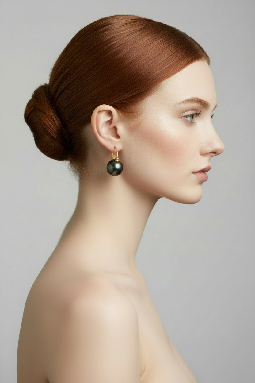 Redhead woman profile close-up wearing 18K gold black Tahitian pearl ear clips