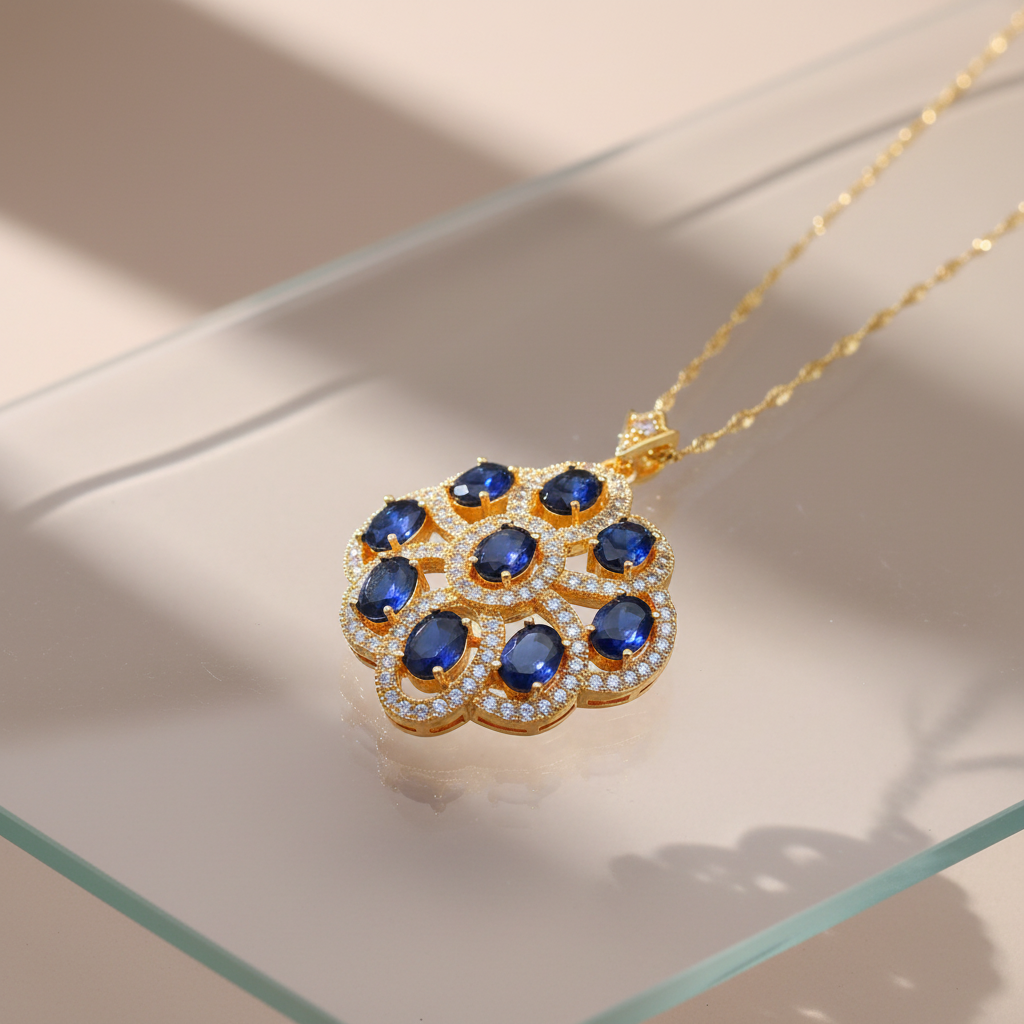 18K gold-plated necklace with zirconia on glass surface