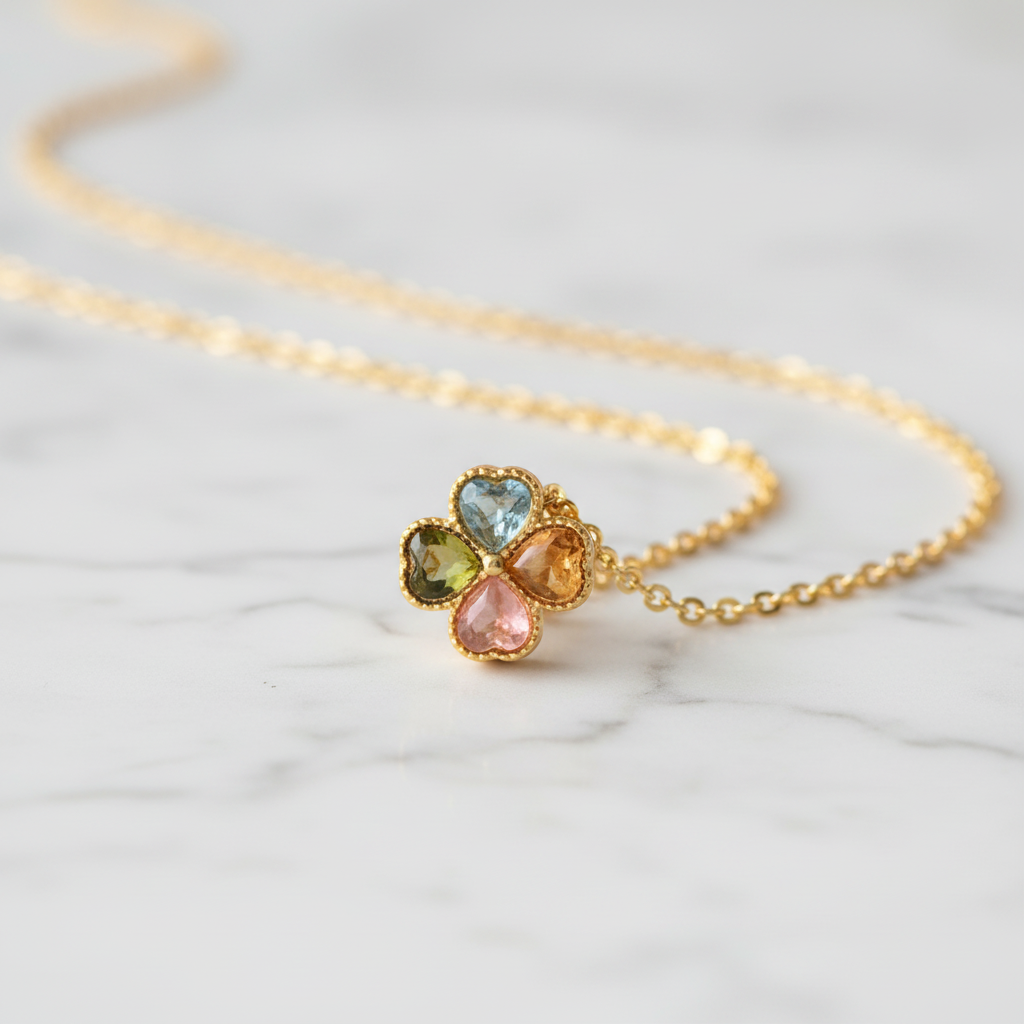 Tourmaline Four-Leaf Clover Necklace displayed on white marble surface