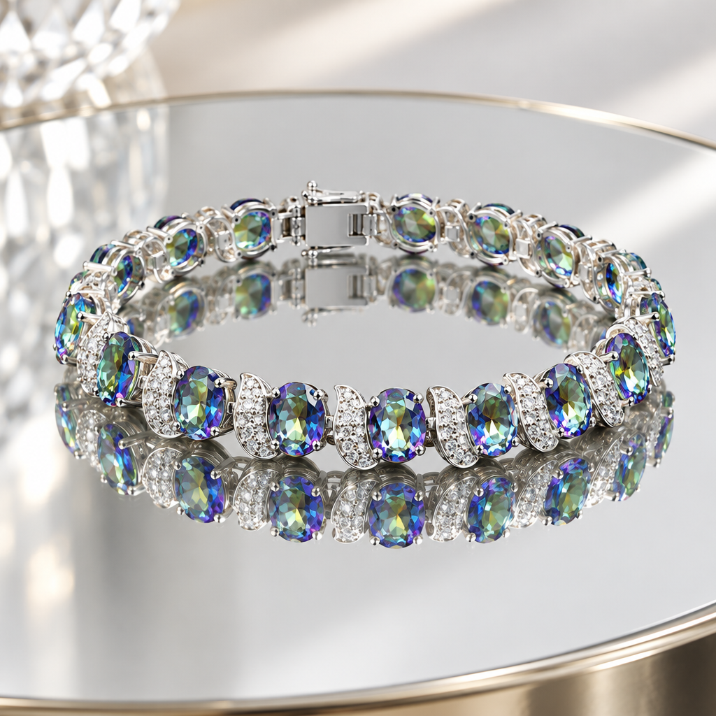 Silver-tone colourful accent bracelet reflected in a mirror