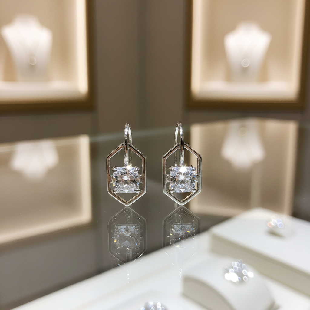925 silver moissanite ear hook earrings on glass counter display