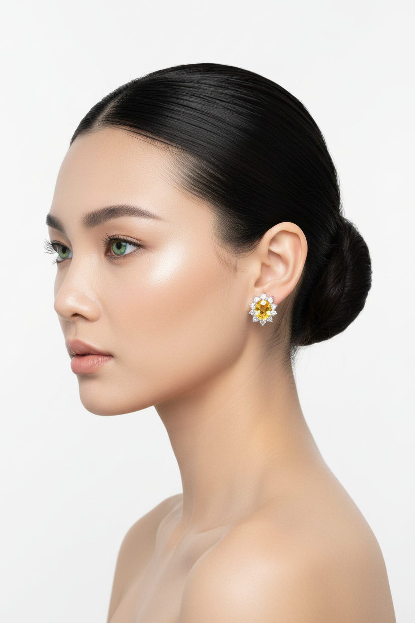 Eurasian woman left profile, green eyes, ballerina bun, citrine halo stud earrings