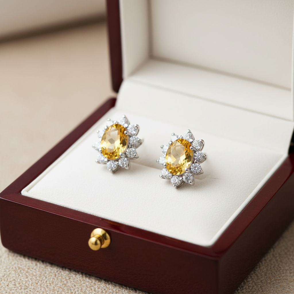Citrine halo stud earrings in luxury white velvet jewelry box