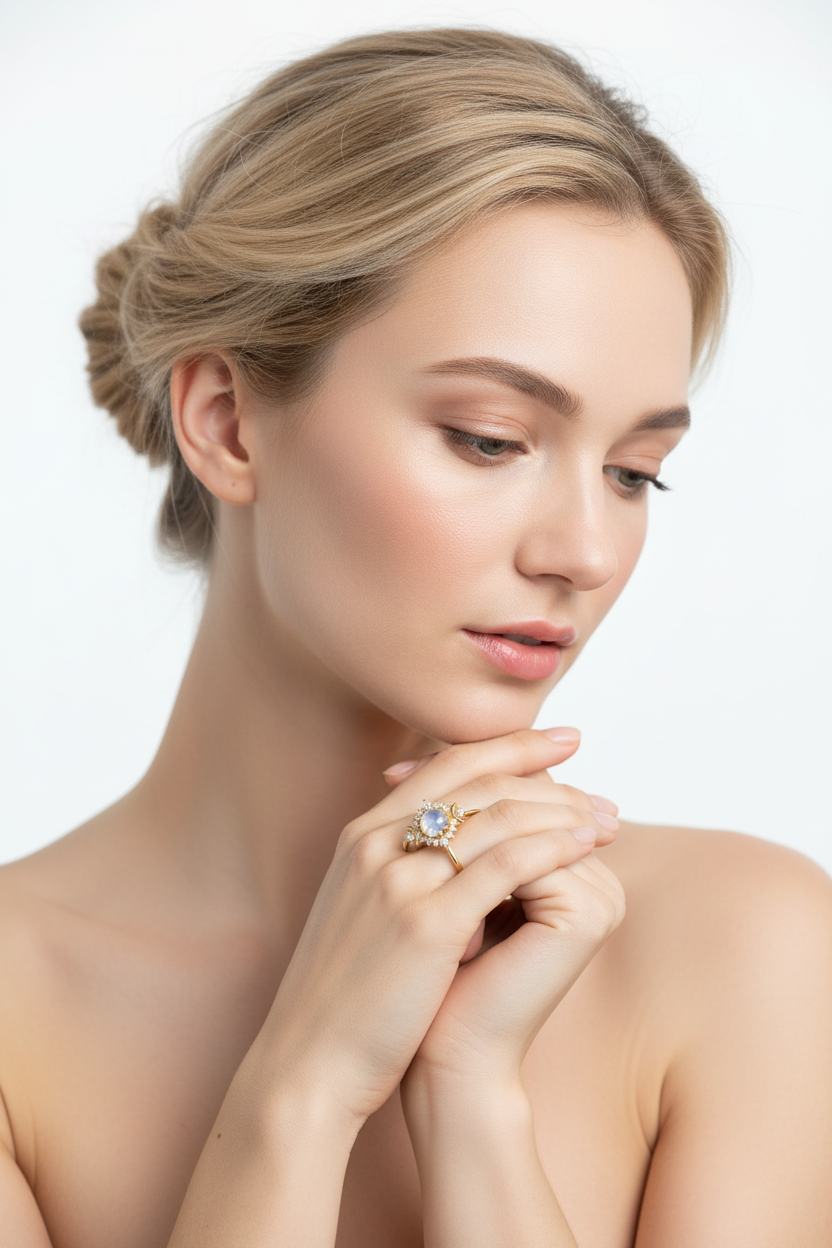 Modelo loira com coque olhando para o Moonstone Solitaire Ring