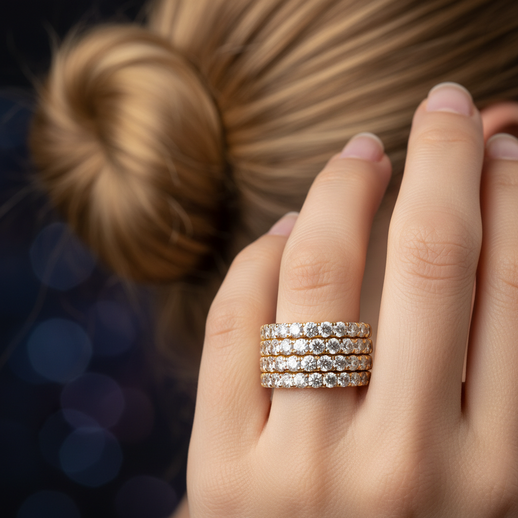 Macro do Five-Row Zircon Pavé Band Ring brilhando