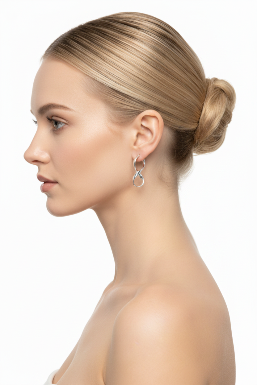 Woman left profile, ballerina bun, small silver interlocked double hoop earring